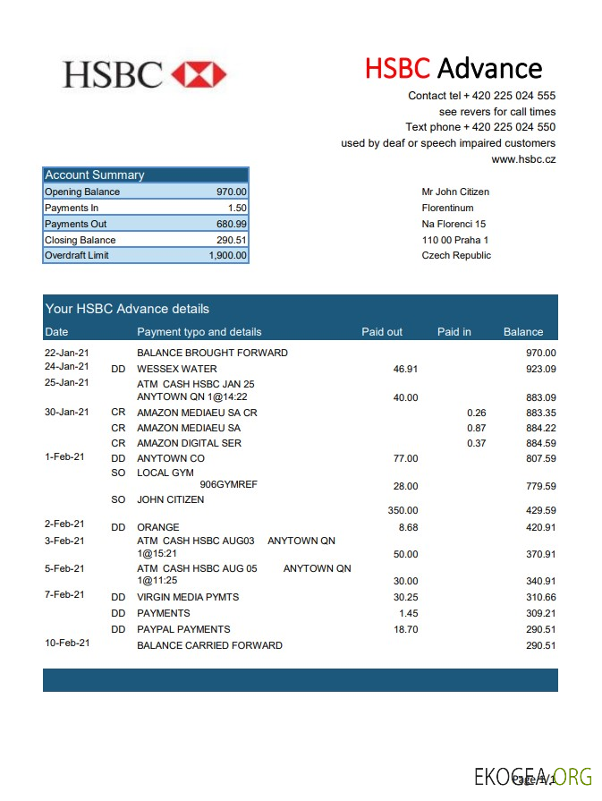 Relevé bancaire tchèque HSBC, modèle facile à remplir au format Excel et PDF